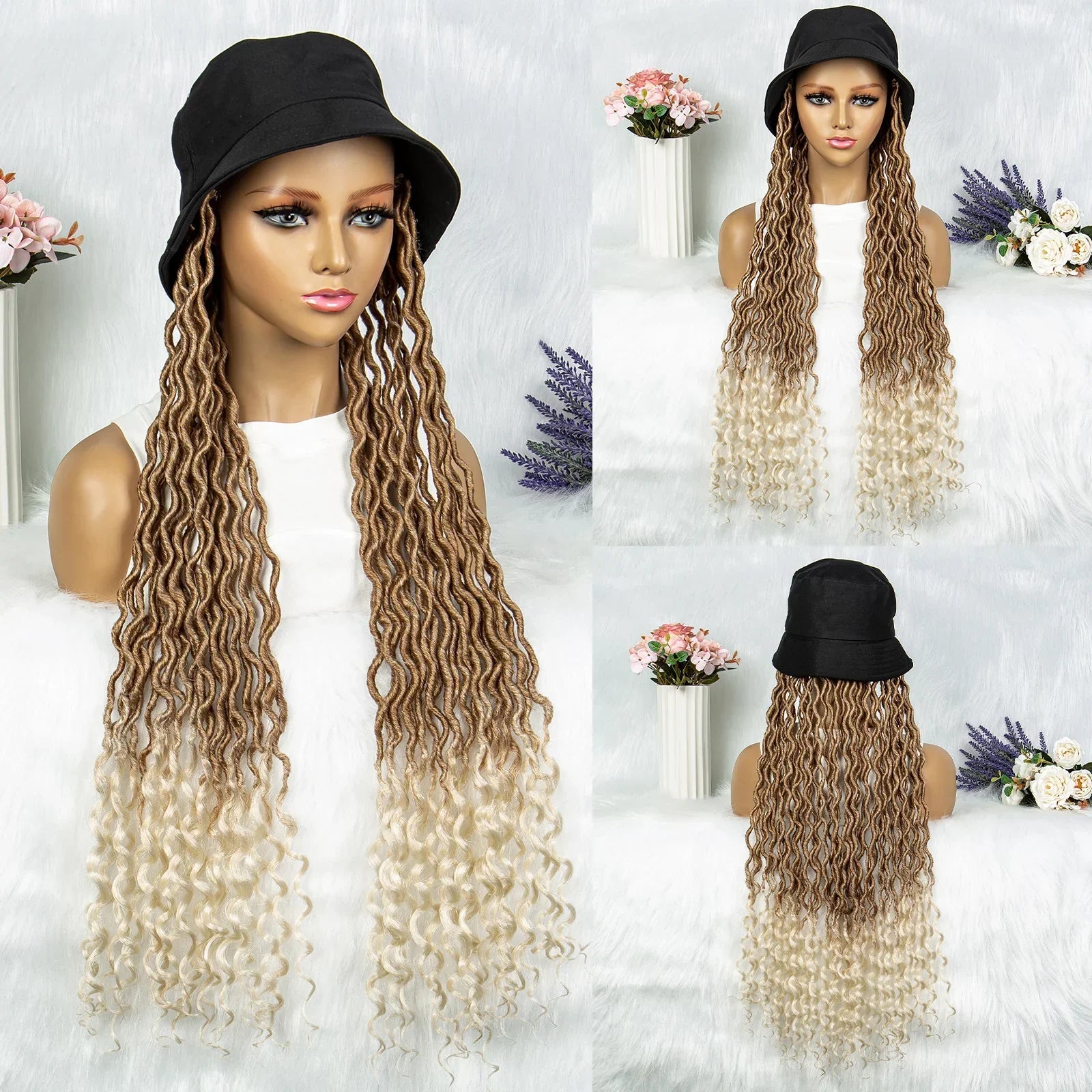 30" Crochet Afro Dreadlocks Bucket Hat Wig | Synthetic Braided Hair | Curly Ends | Black Women