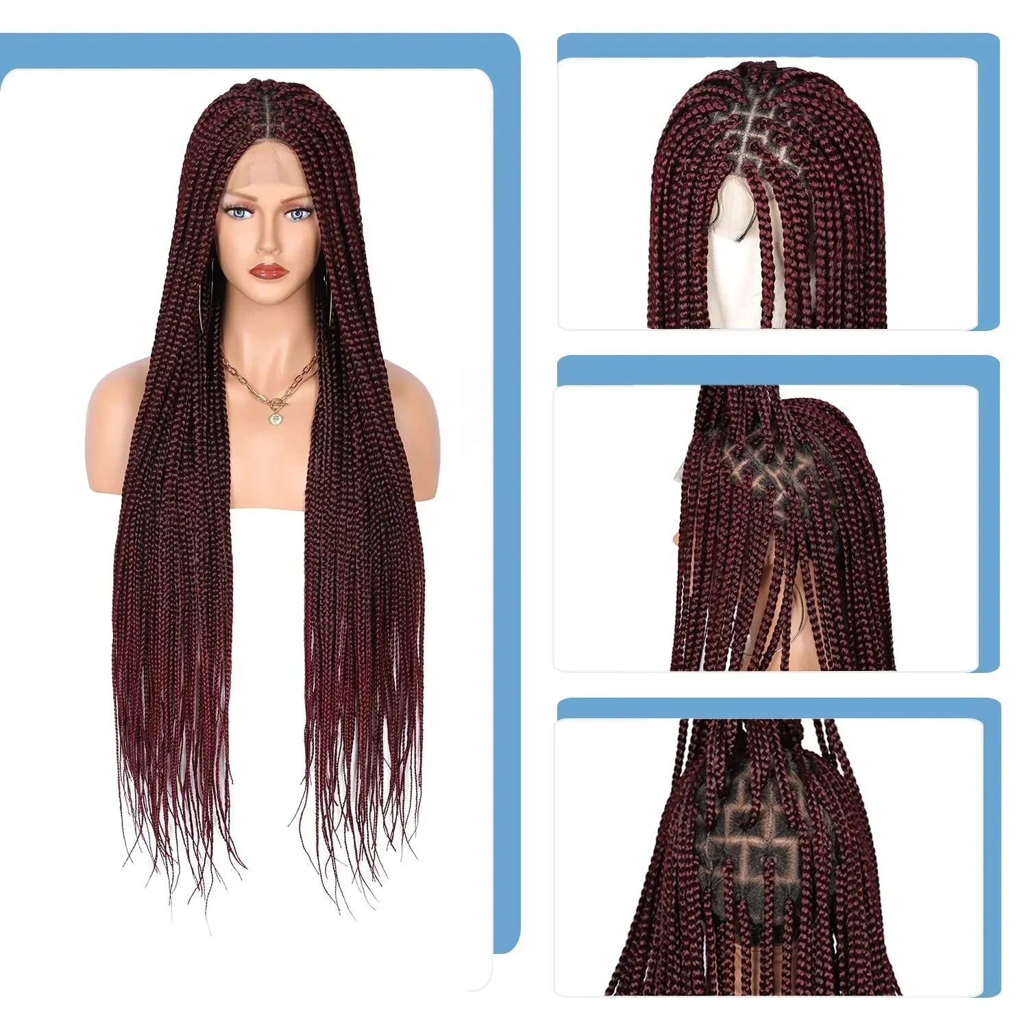 36" Ombre Burgundy Knotless Box Braid Wig | Full Double Lace Frontal | Baby Hair | Kanekalon Synthetic Wig for Women