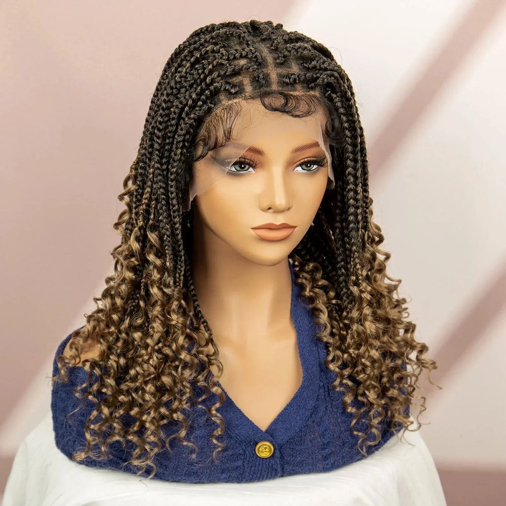 16" Short Brown Box Braided Full Lace Wig | Curly Ends | African Braids | Black Women