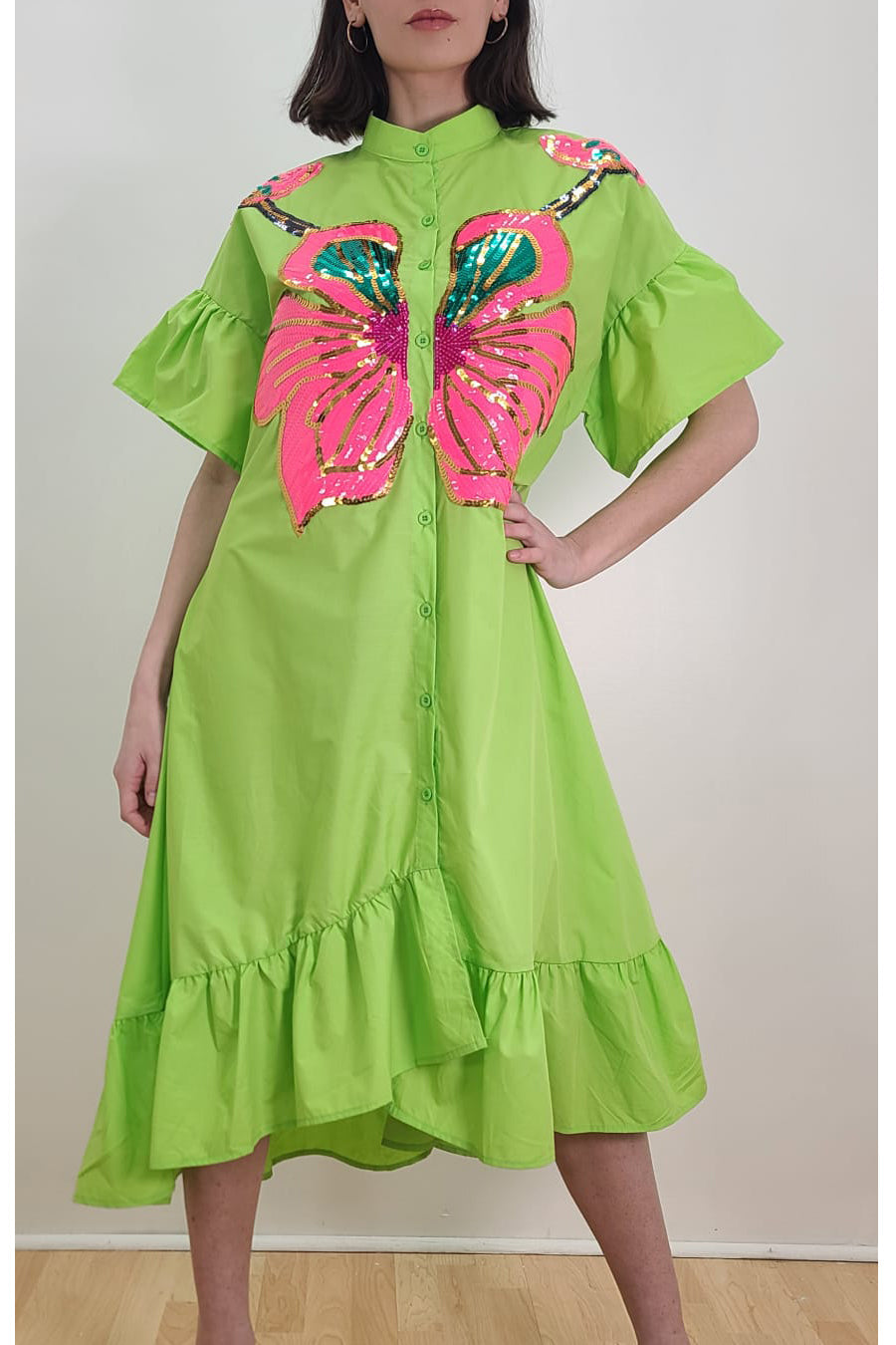 Short Sleeve Sequin Flower Button Down Midi Dress