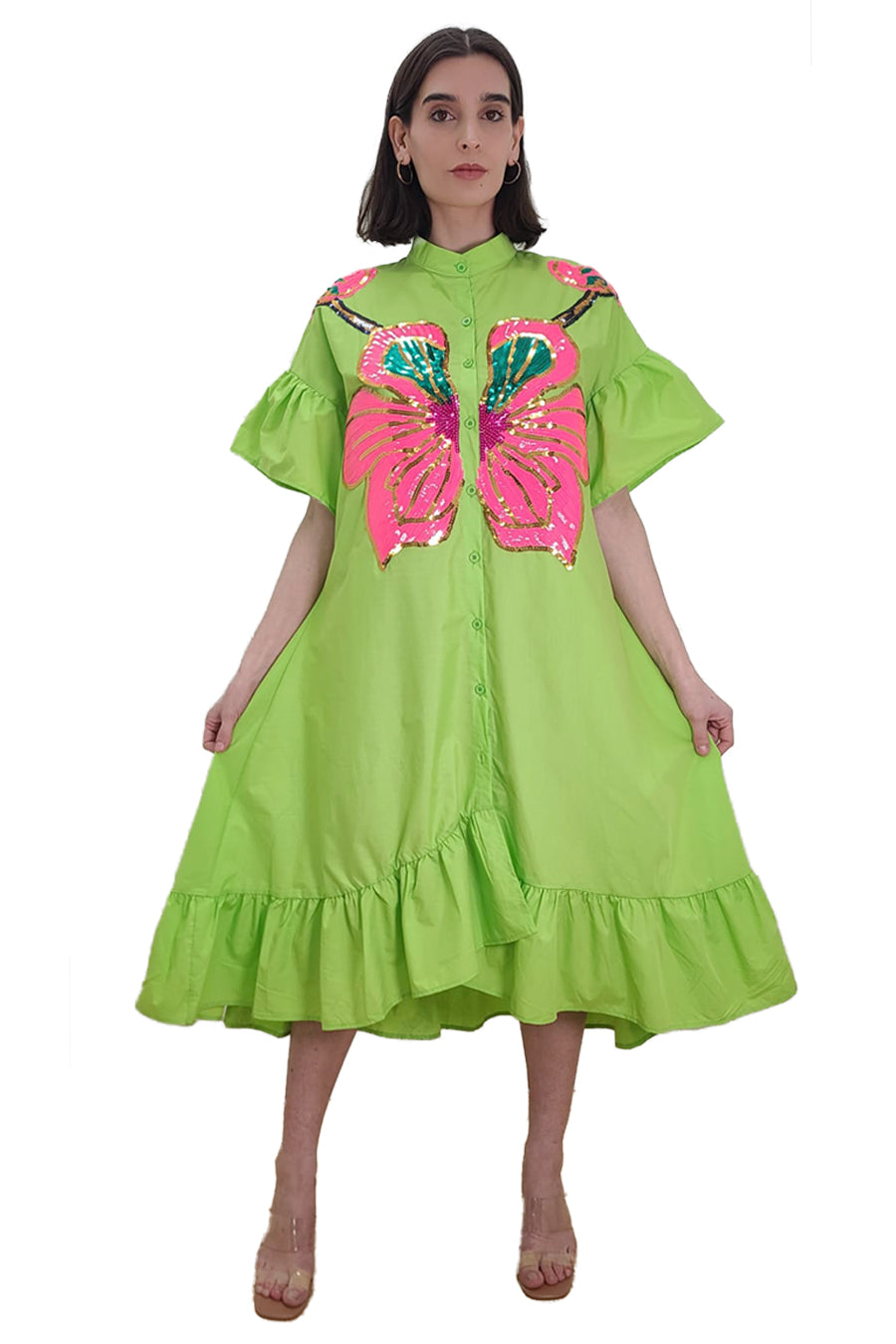 Short Sleeve Sequin Flower Button Down Midi Dress