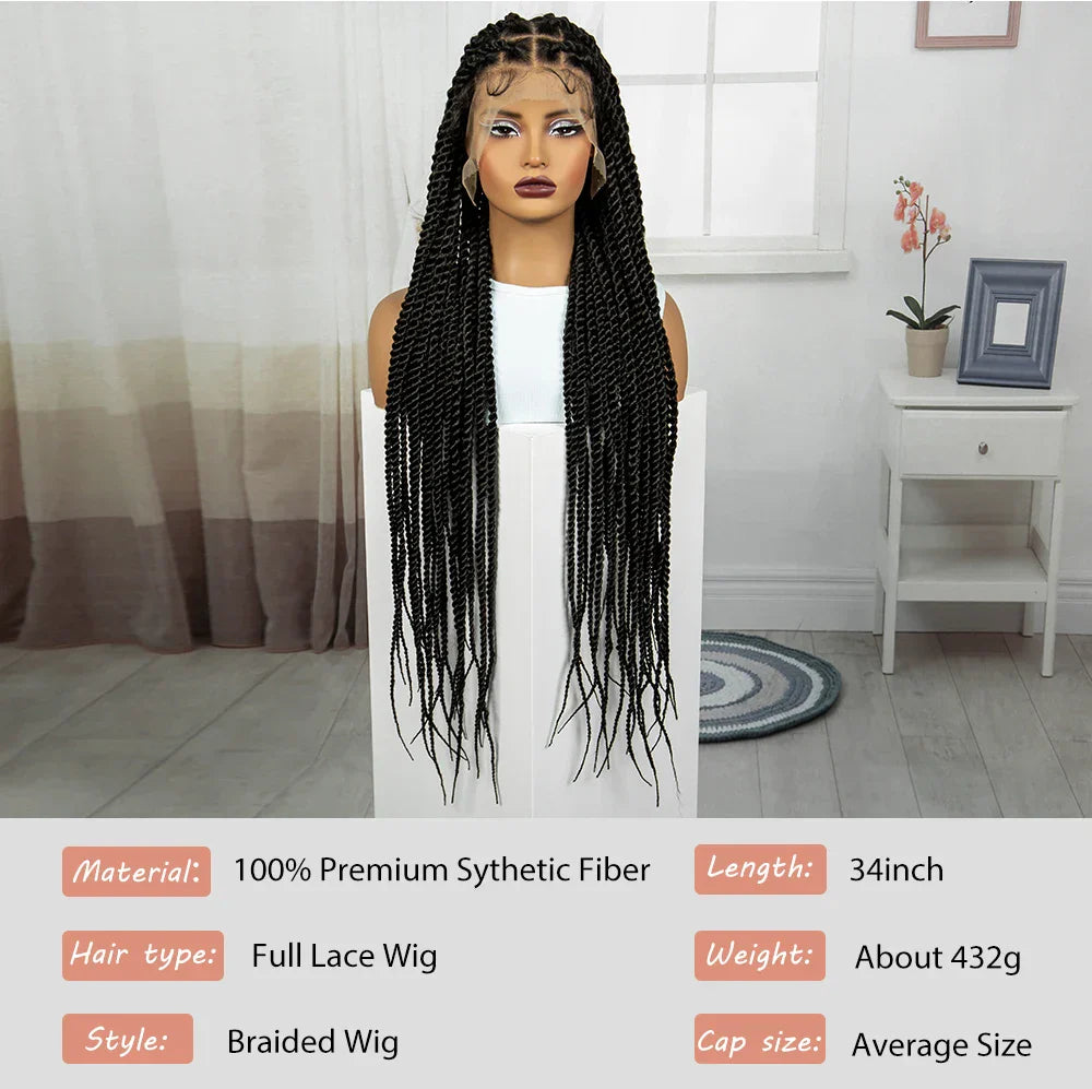 34" Knotless Box Twist 360° HD Full Lace Wig | Baby Hair | Twisted Braids | Black Women