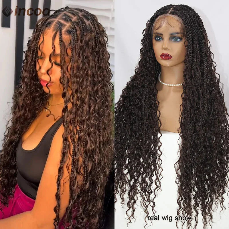 613 Blonde Boho Box Braids Wig | Curly Ends | Full Lace Front | Goddess Locs Accents