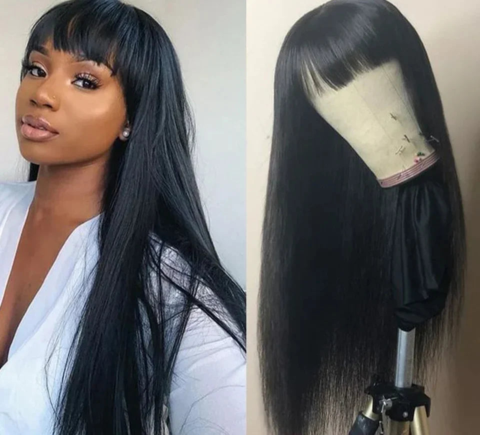 180% Density Ginger Straight Human Hair Wig with Bangs | Full Machine Made Brazilian Hair for Cosplay & Daily Wear