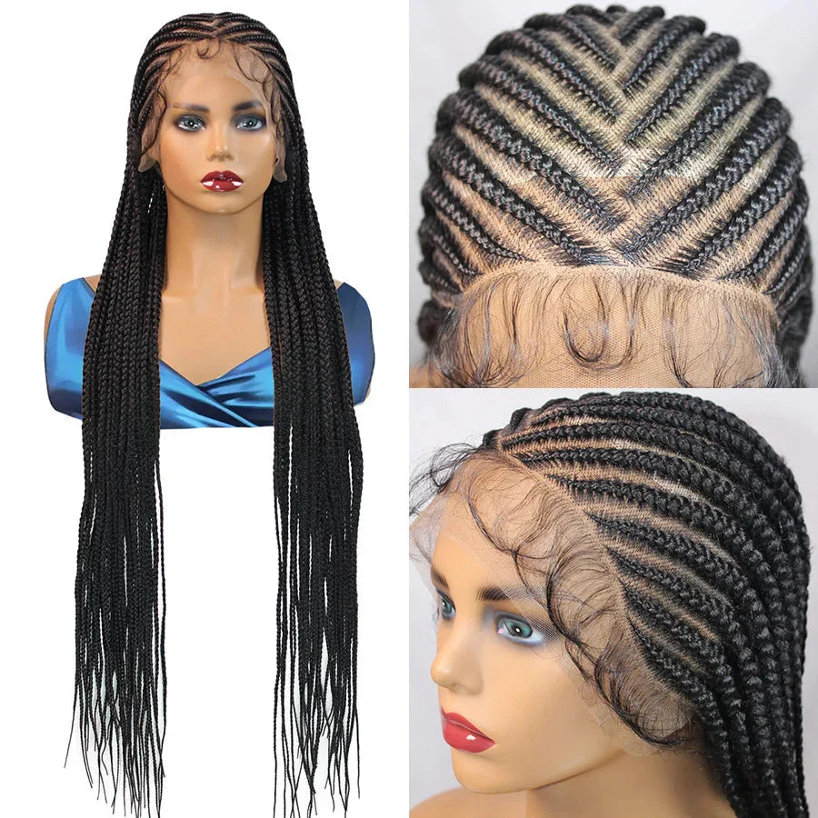 36" Knotless Box Braids Wig | Fulani Cornrows | 360 Full Lace | Baby Hair | Black Women