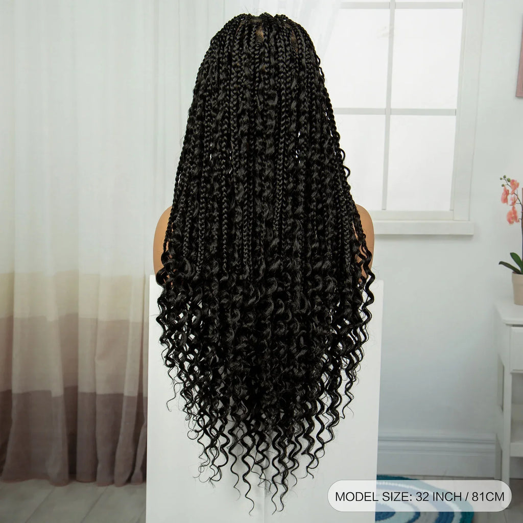 32" Boho Knotless Braids Wig | Natural Curly Ends | Full Lace | Baby Hair