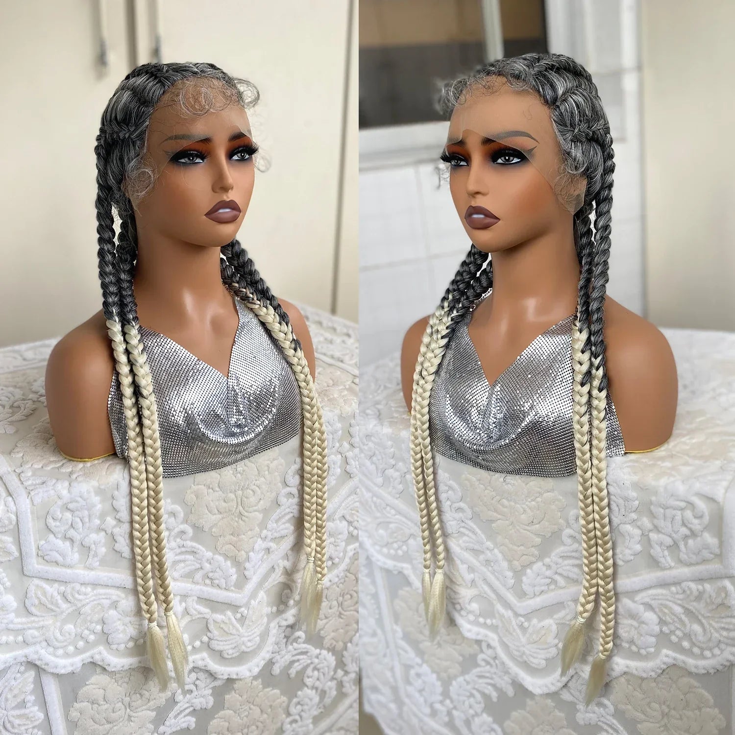 32 Inch Senegalese Twist Lace Front Wig | 4 Twist Cornrow | With Baby Hair | Synthetic Crochet Braids