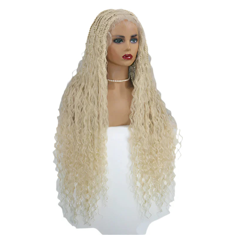 32" Box Braided Wig with Boho Curls - Knotless Braids, Cornrow Style, Lace Front Wig for Black Women (Natural Black)