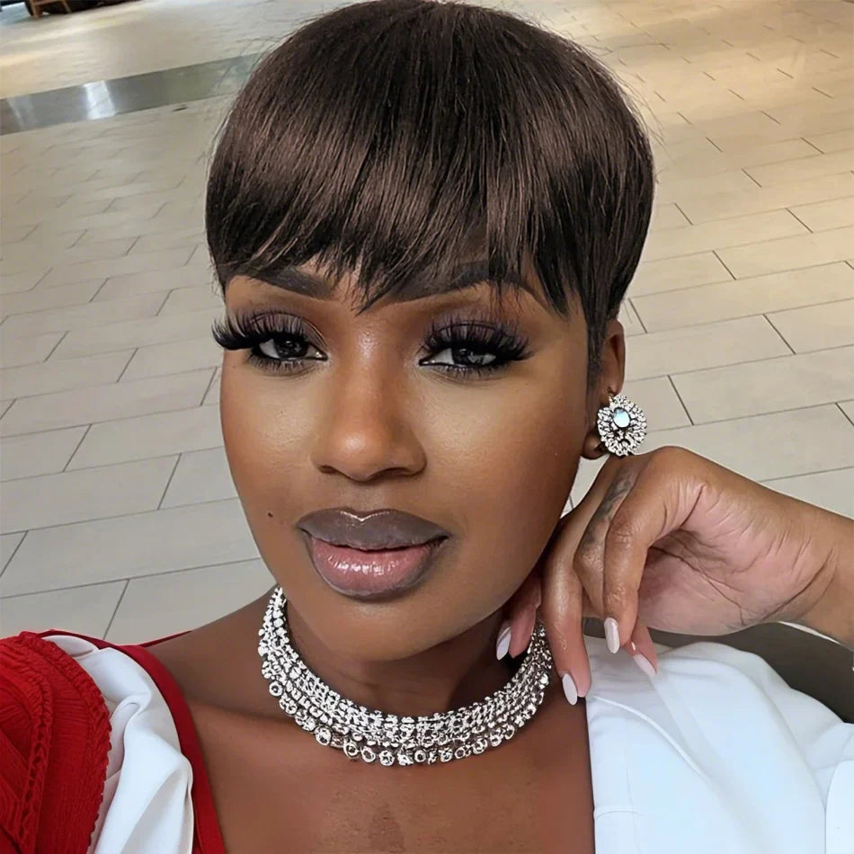 100% Human Hair Straight Short Pixie Cut Wig with Bangs | Tangle-Free Full Machine Made for Women (Natural Hairline)