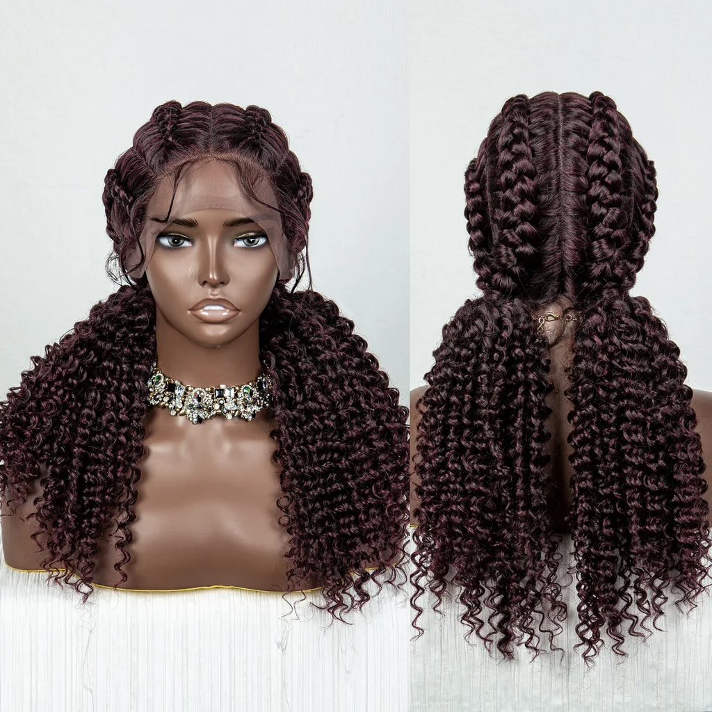 22" Box Braids Full Lace Wig | Two Curly Ponytails | Baby Hair | Synthetic Braided Wig