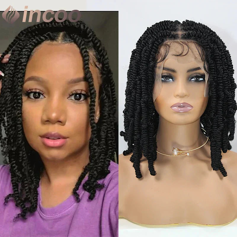 12" Boho Bob Braided Wig | Goddess Knotless Braids | 360 Full Lace | Curly Ends | Baby Hair