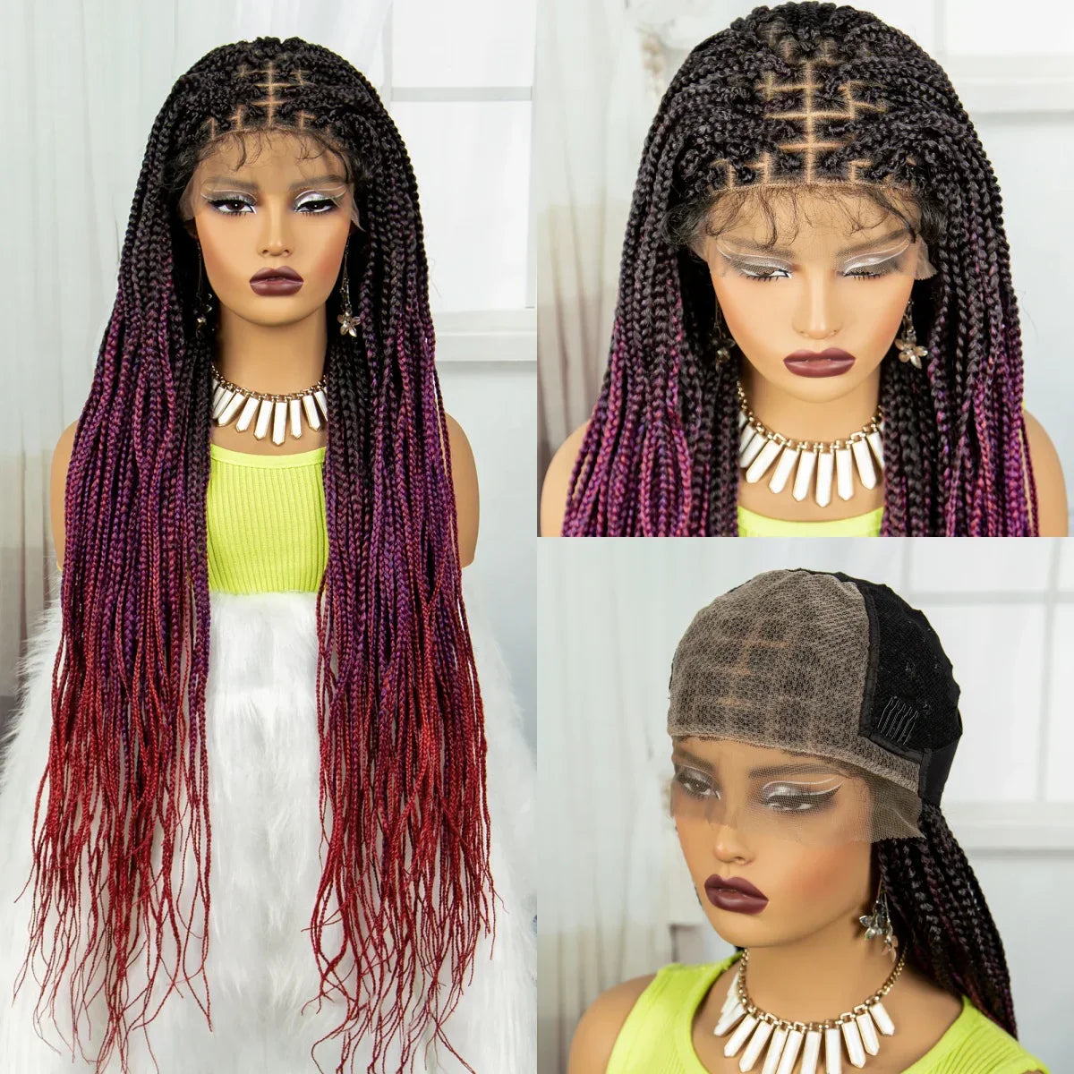 36" Burgundy Knotless Box Braids Wig | 9x6 Lace Front | Baby Hair
