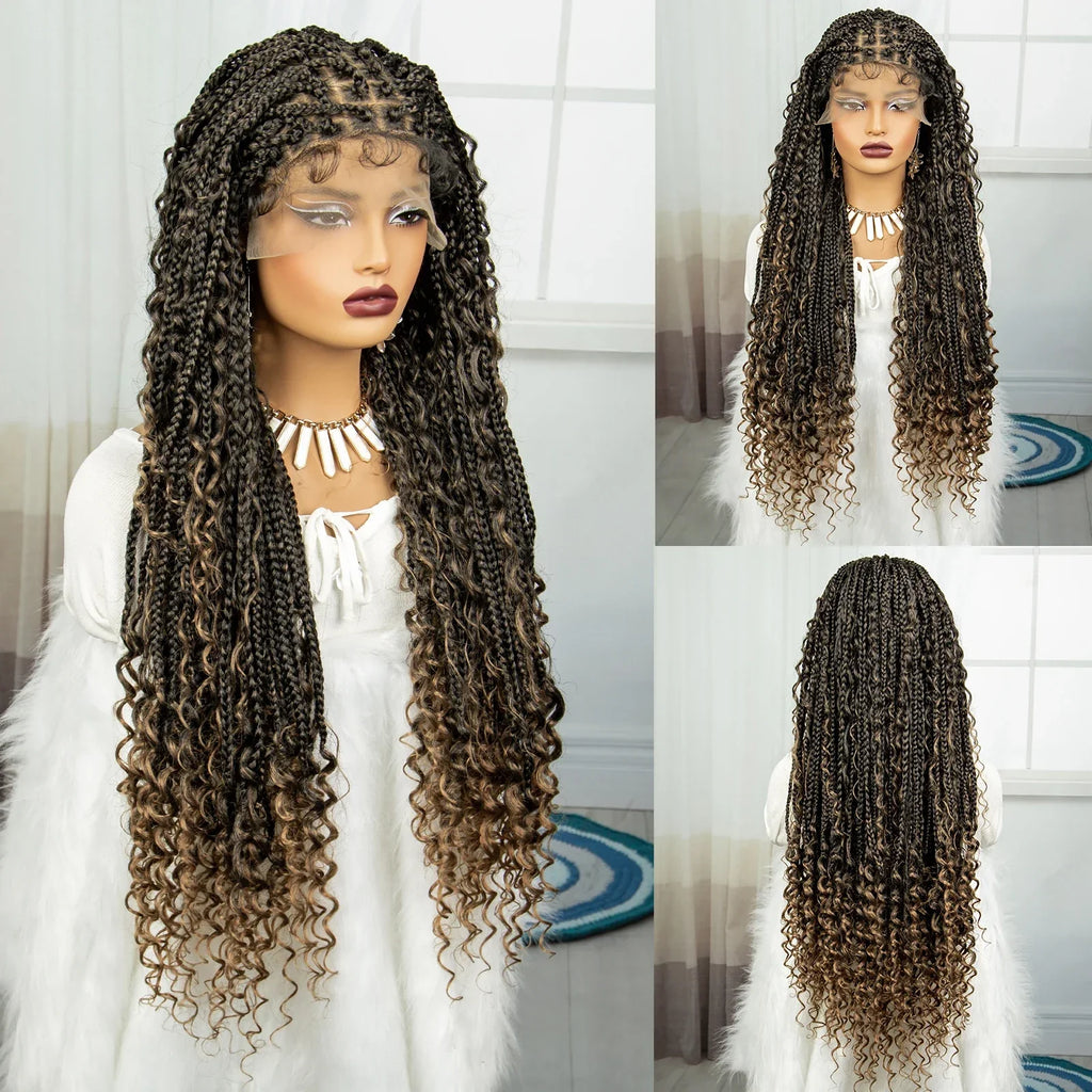 36" Knotless Box Braids Wig | Bohemian Style | Curly Ends | Lace Front | With Baby Hair | For Black Women