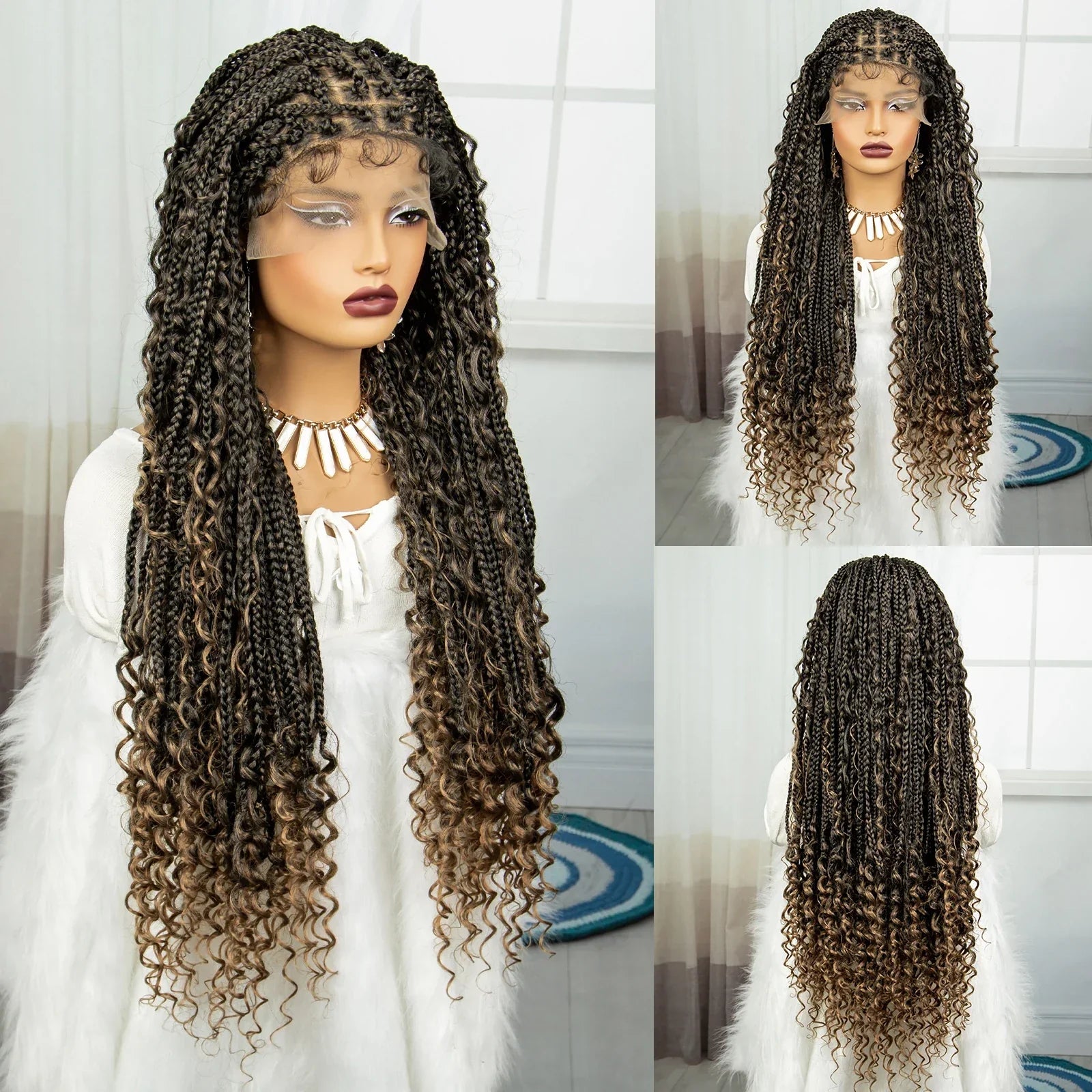 36" Knotless Box Braids Wig | Bohemian Style | Curly Ends | Lace Front | With Baby Hair | For Black Women