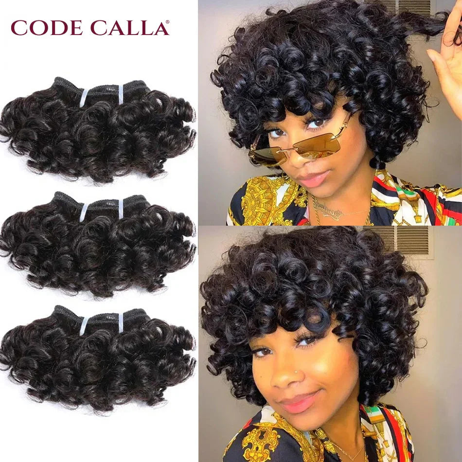 6" Bouncy Curly Indian Remy Hair Bundles | Double Drawn | Natural Black & Brown | Sew-In Extensions