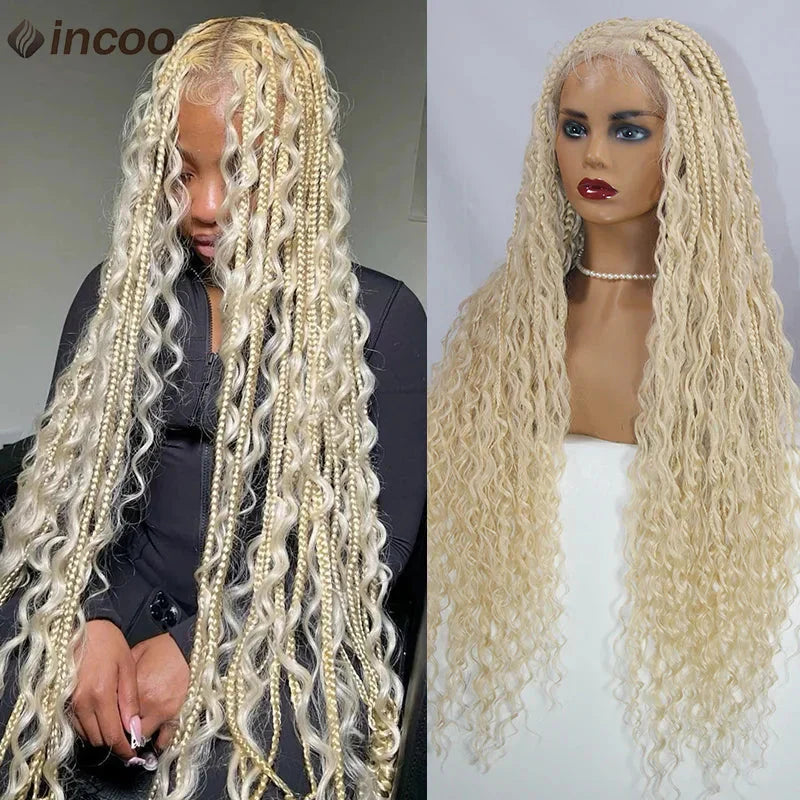 613 Blonde Boho Box Braids Wig | Curly Ends | Full Lace Front | Goddess Locs Accents