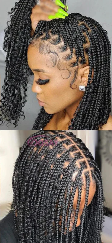 12" Boho Braided Bob Wig | 360 Lace Braided Wig | Knotless Braids | Curly Goddess Box Braid Wig