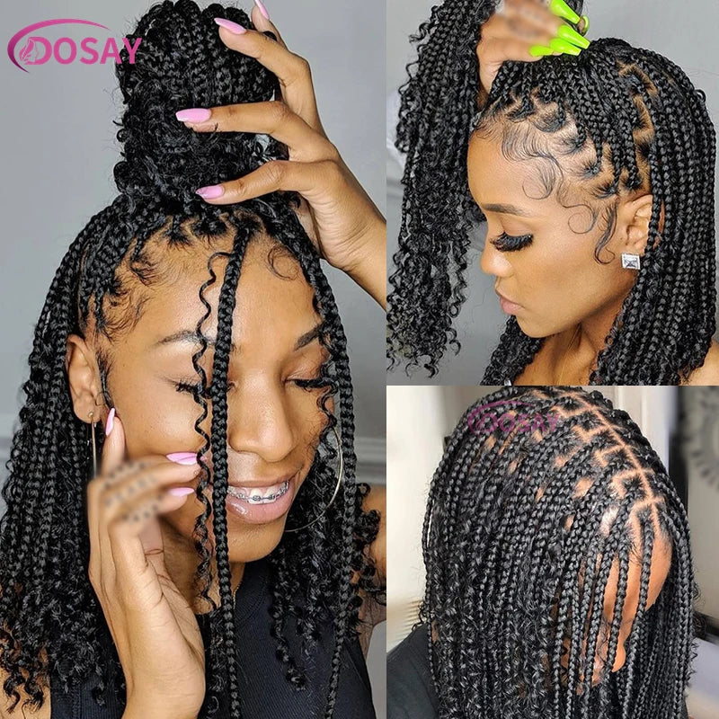 12" Curly Boho Braids Bob Wig | 360 Full Lace | Knotless Box Braids | Baby Hair