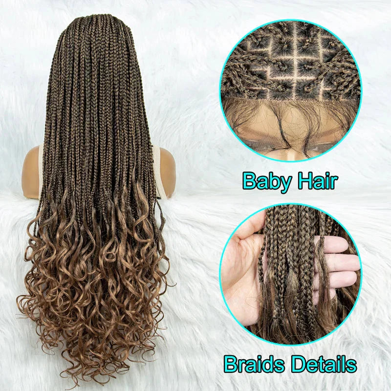 36 Inch Synthetic Braided Wigs Knotless Boho Braided Lace Wigs with Curly Ends Lace Front Braiding Hair Wig for Black Women