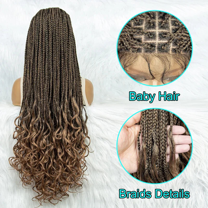 36" Knotless Braids Wig with Curly Ends | Lace Front | Synthetic Hair | Black Women