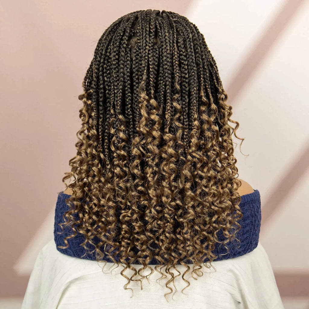 16" Short Brown Box Braided Full Lace Wig | Curly Ends | African Braids | Black Women