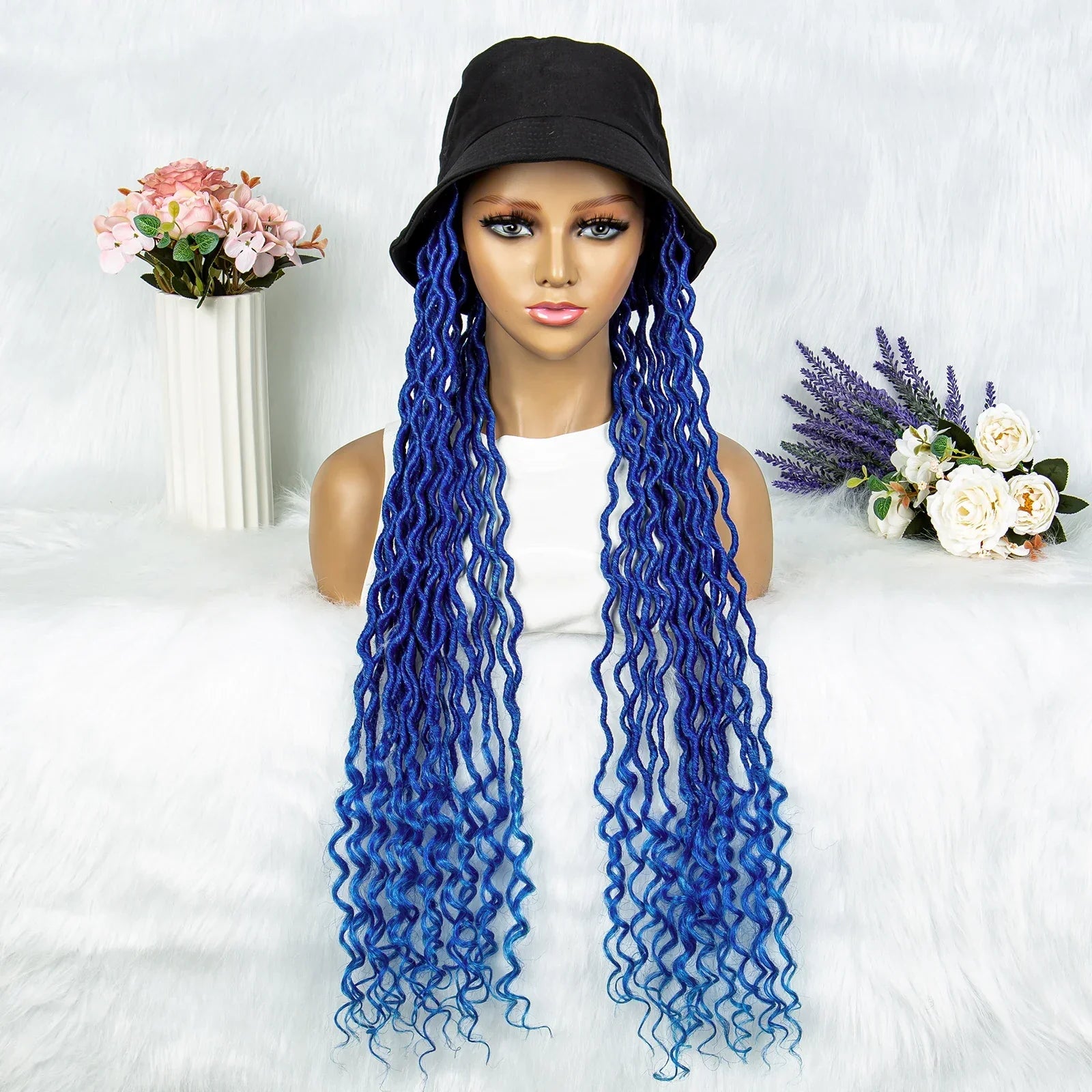 30" Crochet Afro Dreadlocks Bucket Hat Wig | Synthetic Braided Hair | Curly Ends | Black Women