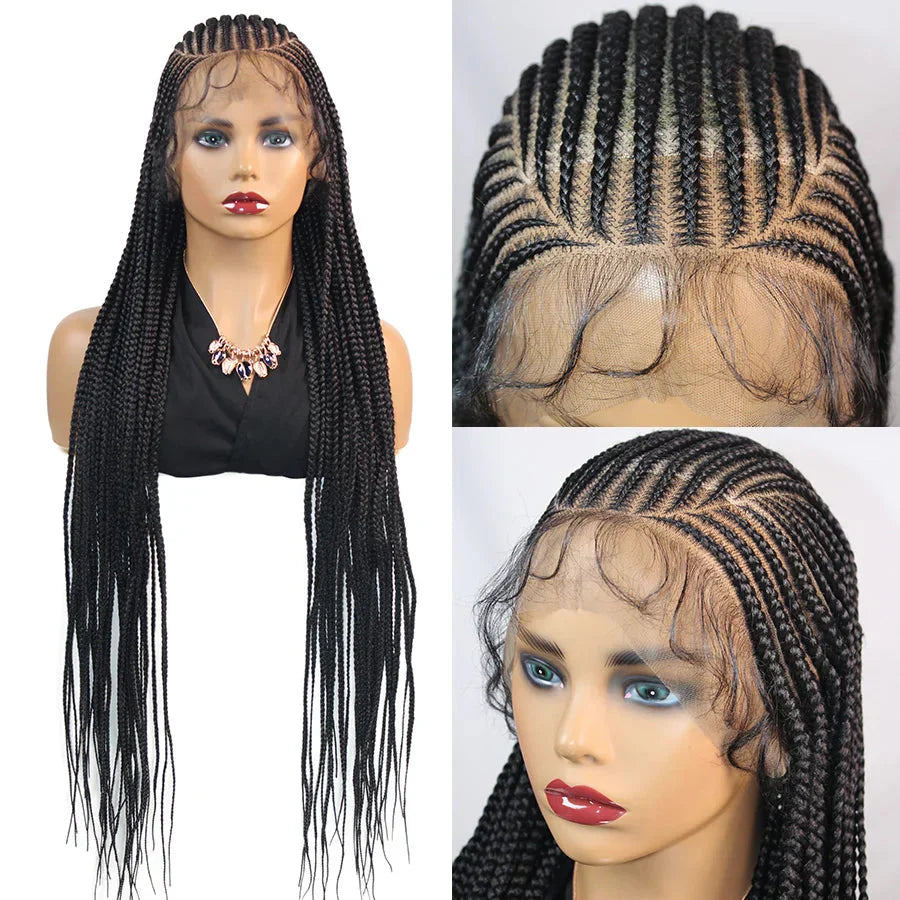 36" Knotless Box Braids Wig | Fulani Cornrows | 360 Full Lace | Baby Hair | Black Women