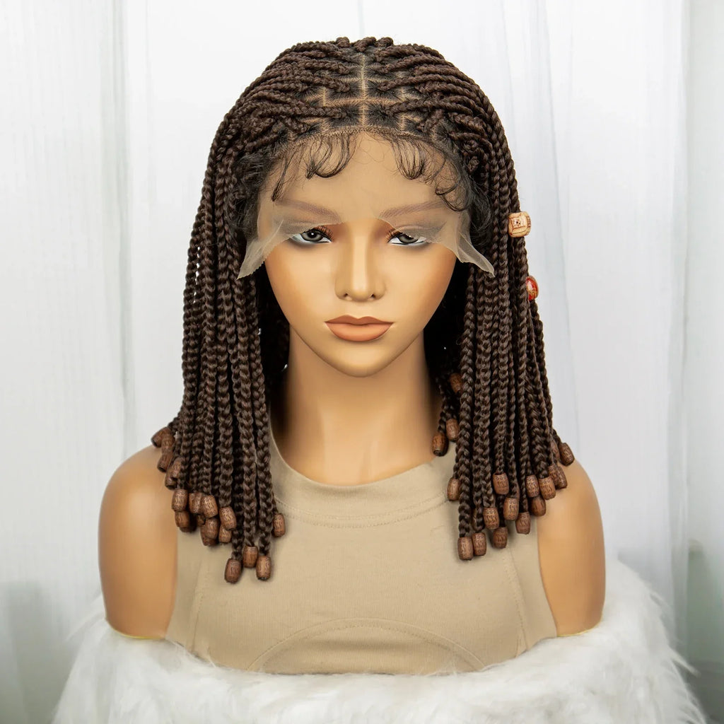14" Short Bob Box Braided Wig with Beads | Knotless Braids | Synthetic Lace Front Wig | Baby Hair