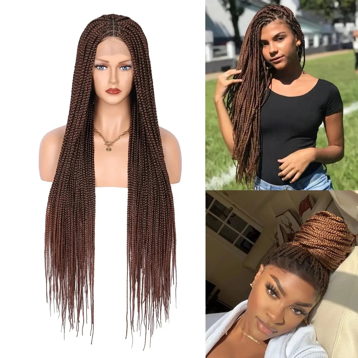 36" Ombre Burgundy Knotless Box Braid Wig | Full Double Lace Frontal | Baby Hair | Kanekalon Synthetic Wig for Women