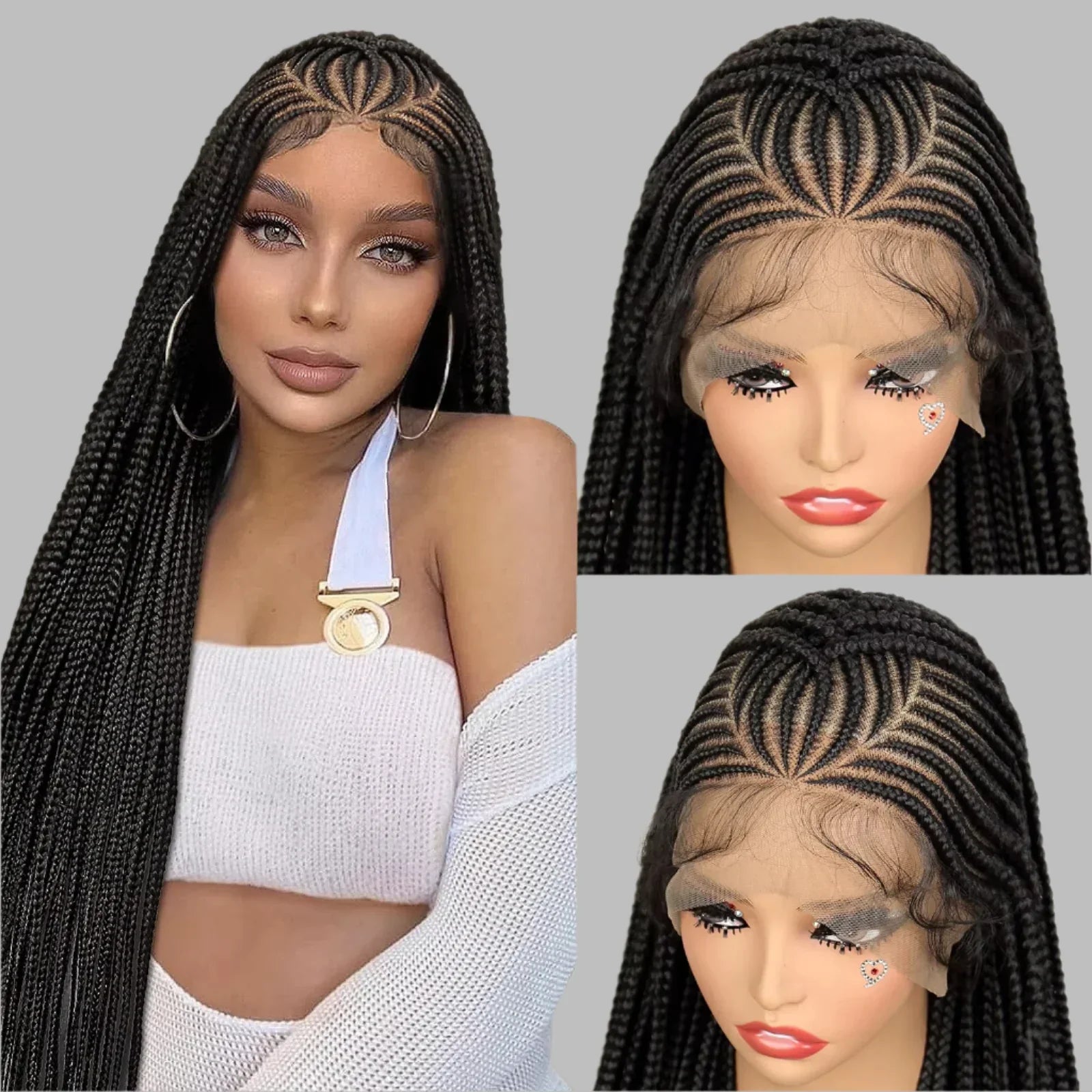 36" Cornrow & Knotless Box Braids Wig | Full Lace | Baby Hair | Twist Accents | Kanekalon Hair