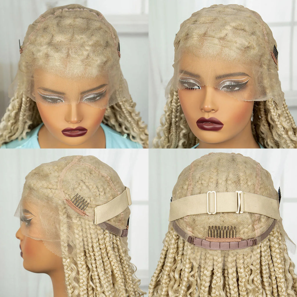 36 Inch Boho Knotless Box Braids Full Lace Wig | Transparent Lace Synthetic Braided Wig with Curly Ends