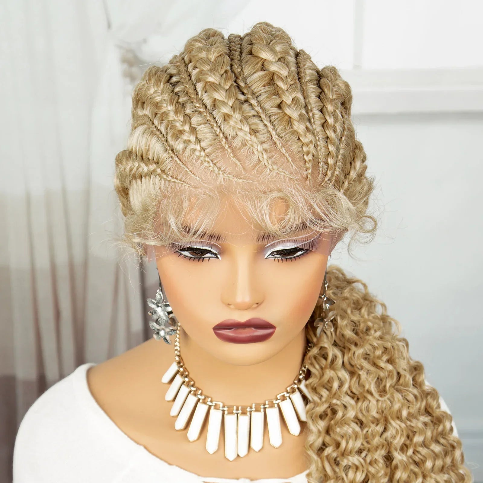 28" Blonde Knotless Cornrow Braids Wig with Curly Ends | Lace Frontal | Baby Hair
