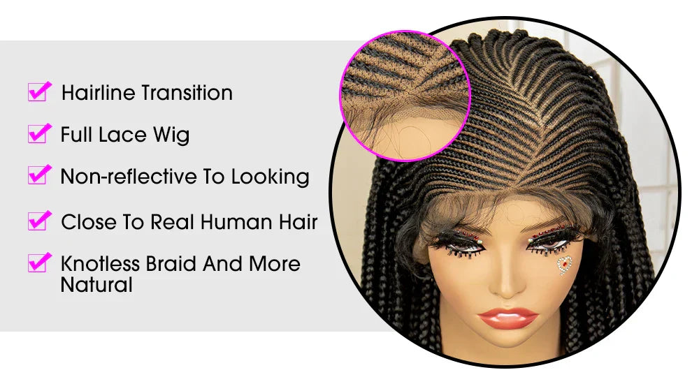 36" Full Lace Afro Cornrow Wig | Knotless Box Braids | Kanekalon Hair | For Black Women
