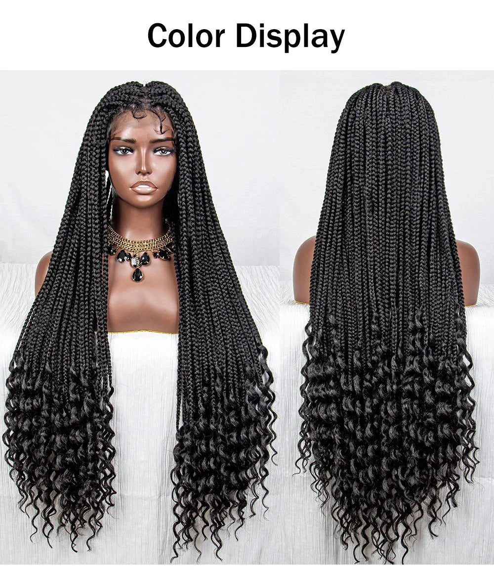 36" Curly End Box Braided Full Lace Wig | Straight Cornrows | Kanekalon Synthetic Braids