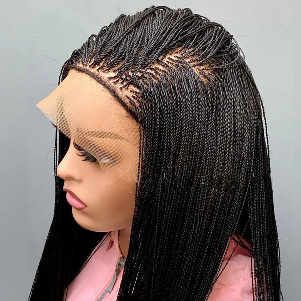 28" Micro Twist Braided Wig | 1B Black | Front Lace | Glueless | Petite Cap | For Black Women