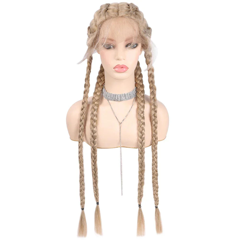 32" Hand-Made Knotless Box Braided Lace Front Wig | French Braid | Baby Hair | Glueless Synthetic Wig