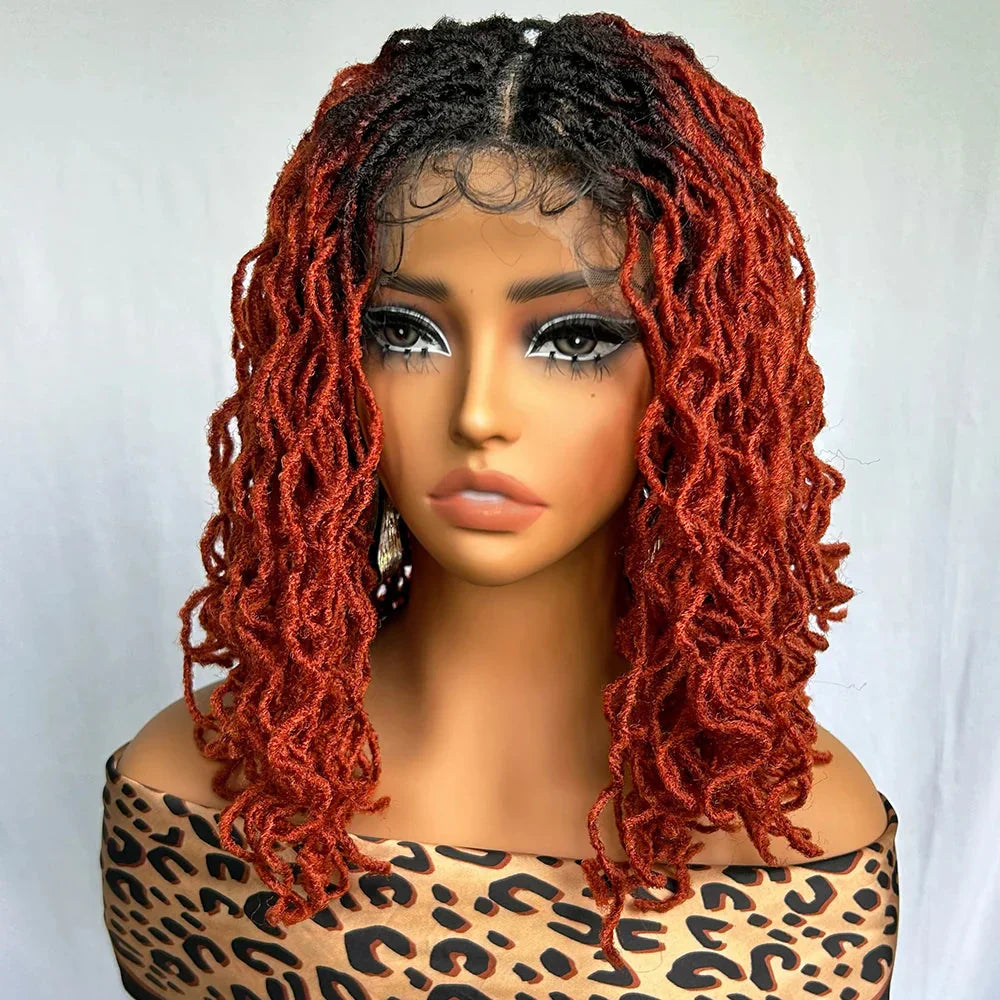 14" Copper Red Faux Locs Lace Front Wig | Short Twist Dreadlocks | Synthetic Braided Wig
