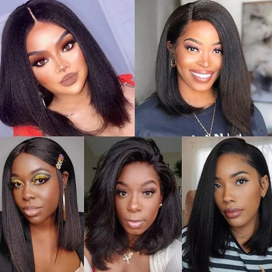 250% Density Kinky Straight Bob Wig | 13x4 HD Transparent Full Lace Frontal Human Hair Wig (Pre-Plucked for Black Women)