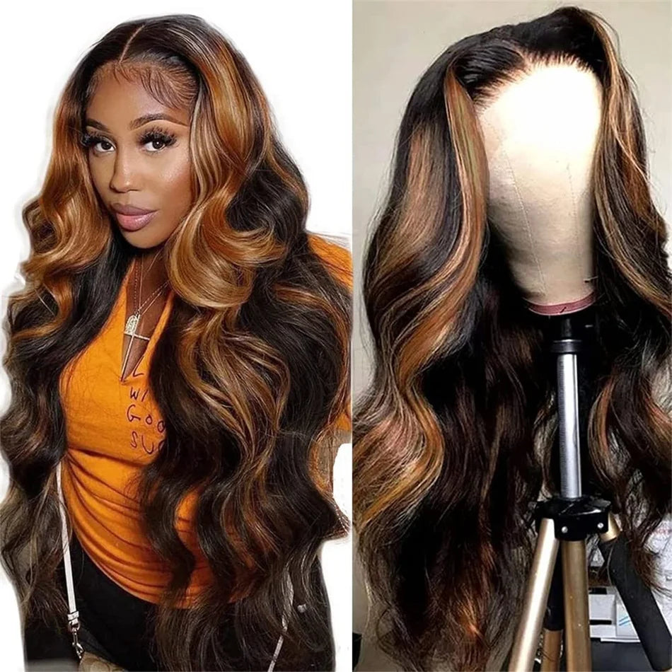 30 Inch Honey Blonde Highlight Body Wave Wig | 13x4 Transparent Lace Front Brazilian Human Hair