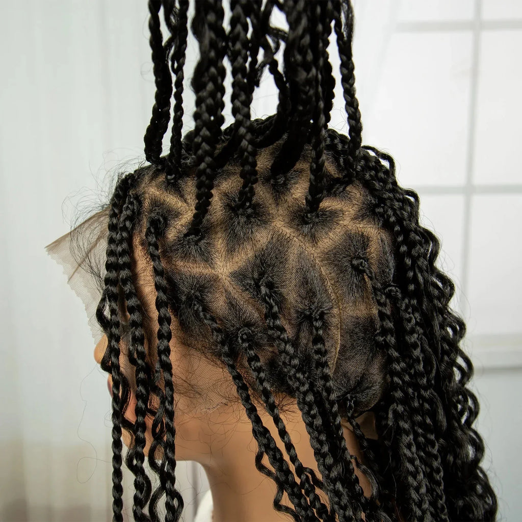 32 Inch Natural Curly Boho Box Braids Wig - Knotless - Full Lace - Synthetic - with Baby Hair