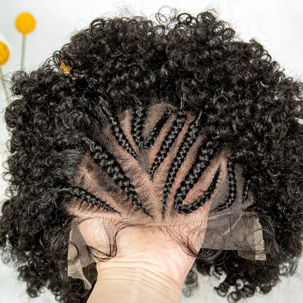 8" Afro Kinky Curly Bob Braided Wig | 13x4 Lace Frontal | Half Cornrows | Synthetic Braids for Black Women