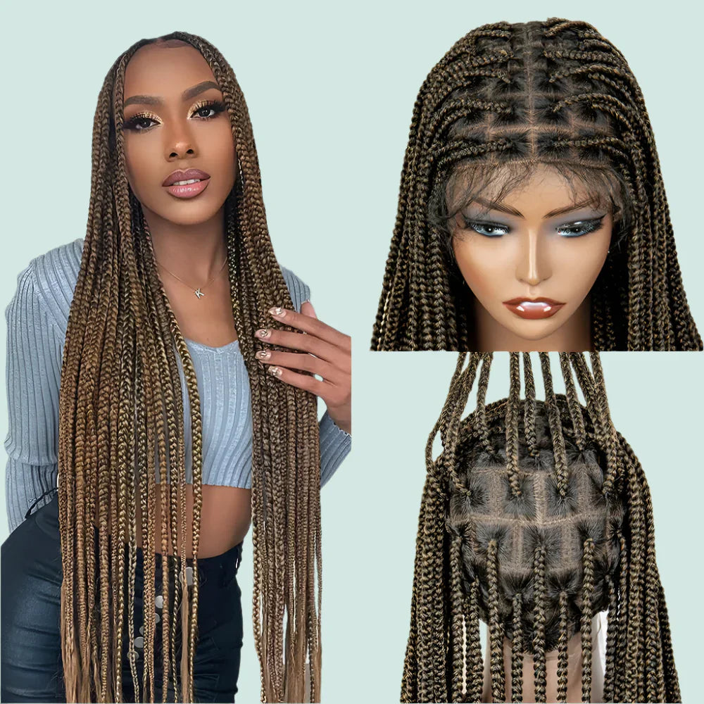 36" Long Knotless Braided Wig - Full Lace, Cornrow Accents, Baby Hair - For Black Women