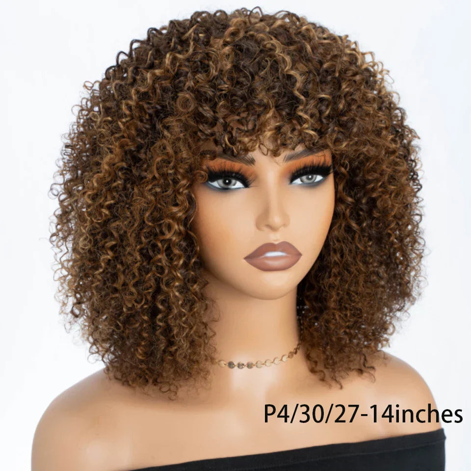 200% Density Short Afro Kinky Curly Human Hair Wig with Bangs | Sassy Fluffy Natural Growth Full Machine Made Wigs