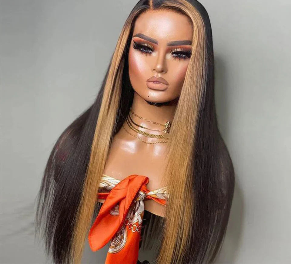 22"-24" Highlight PP27 Straight Lace Front Human Hair Wig | 13x6x1 Side Part Brazilian Remy Frontal Wig for Women