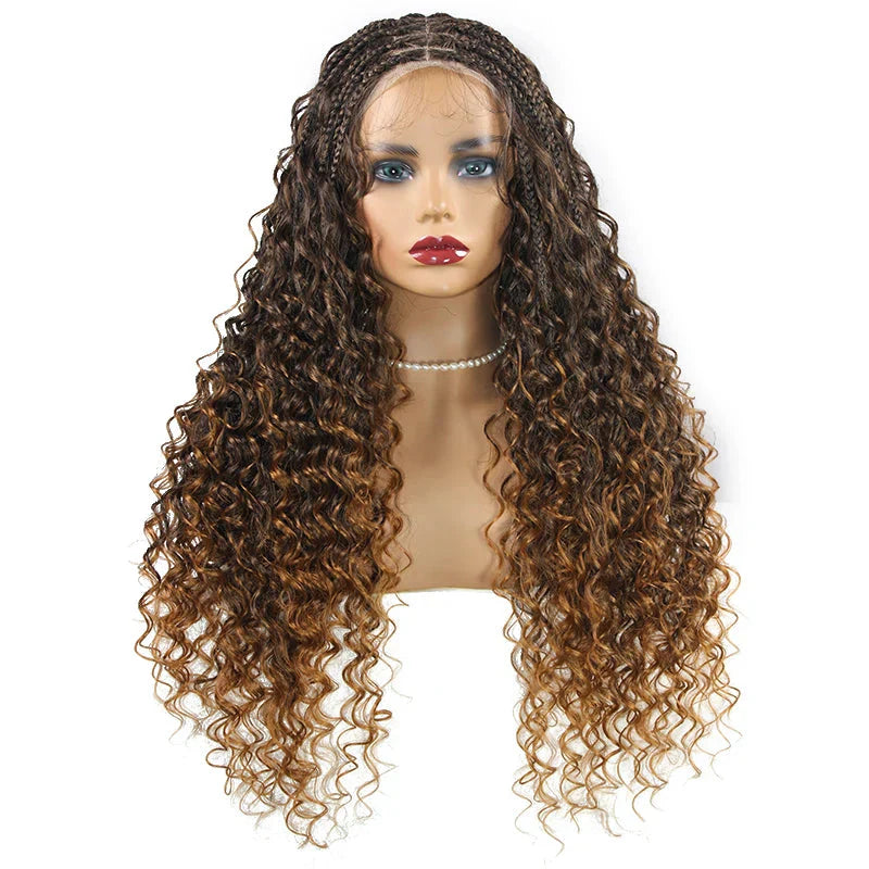 24" Boho Box Braids Lace Frontal Wig | Deep Wave Goddess Braids | Curly Ends | Black Full Lace Synthetic Wig