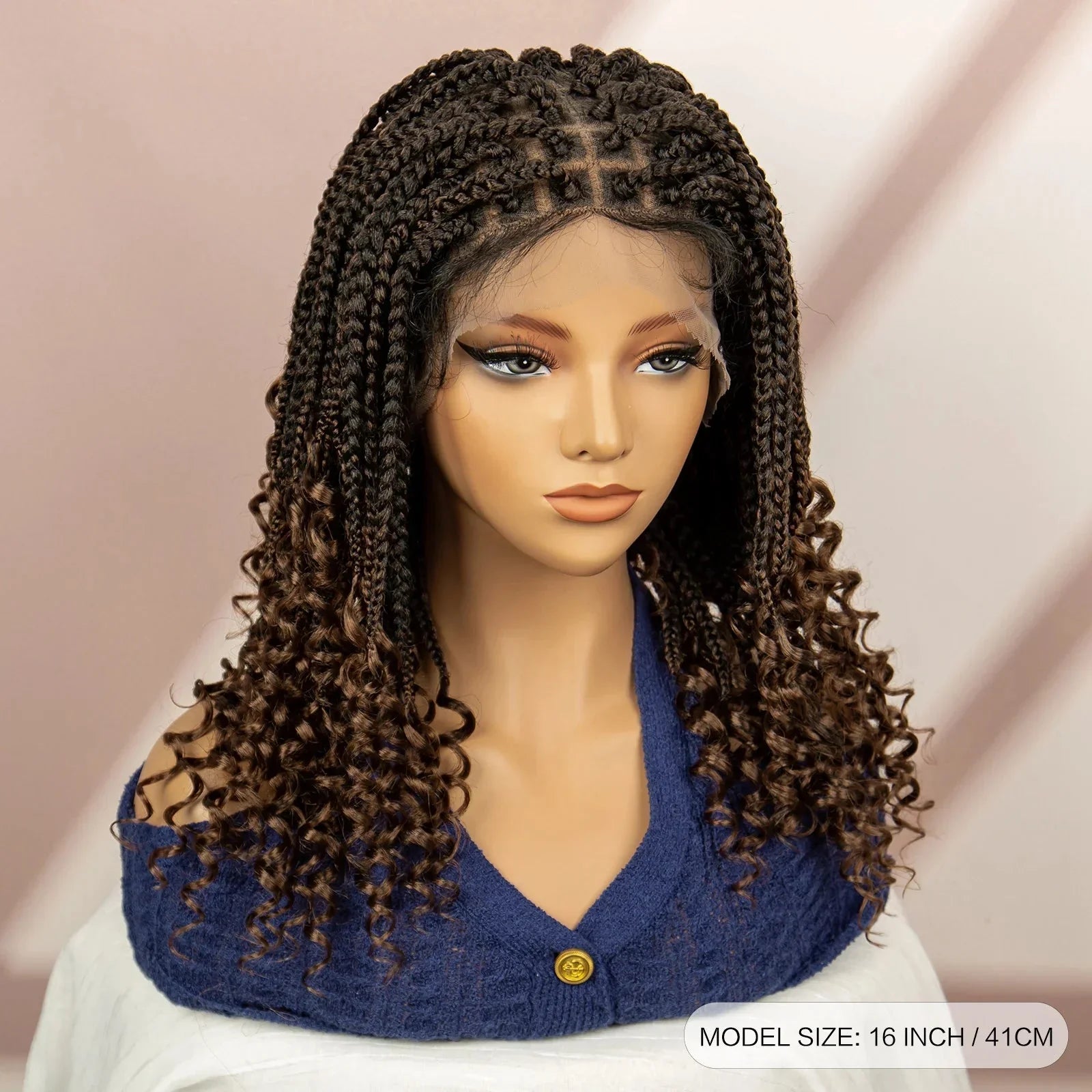 16" Short Brown Box Braided Full Lace Wig | Curly Ends | African Braids | Black Women