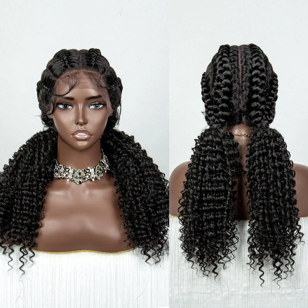 22" Box Braids Full Lace Wig | Two Curly Ponytails | Baby Hair | Synthetic Braided Wig