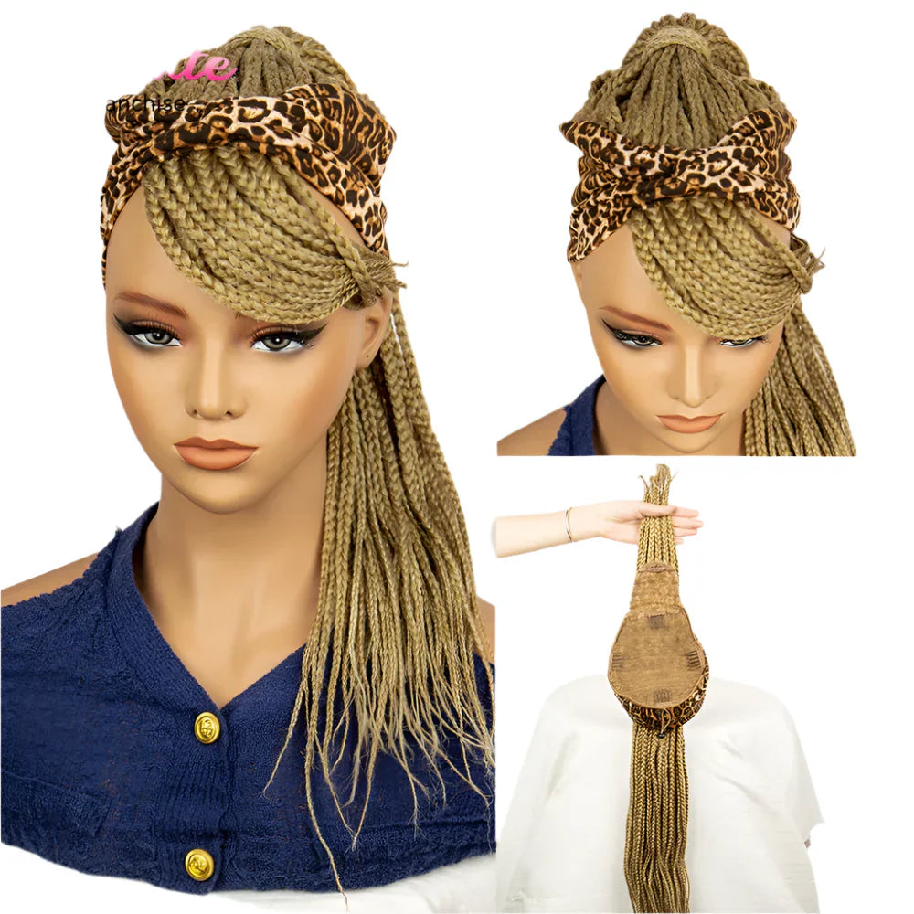 Bangs Ponytail Braided Wig with Headband | 27/613 Leopard Print Hair | Synthetic Daily Use Wig | Long Braids