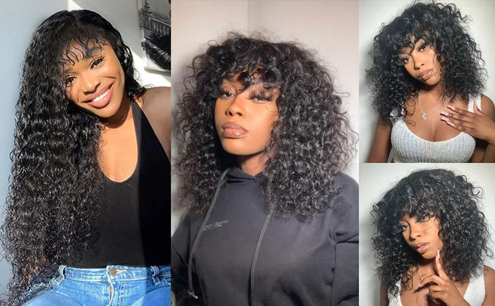 30 Inch Loose Water Wave Wig with Bangs | Full Machine Made Brazilian Remy Human Hair (Natural, All Colors Dyeable)