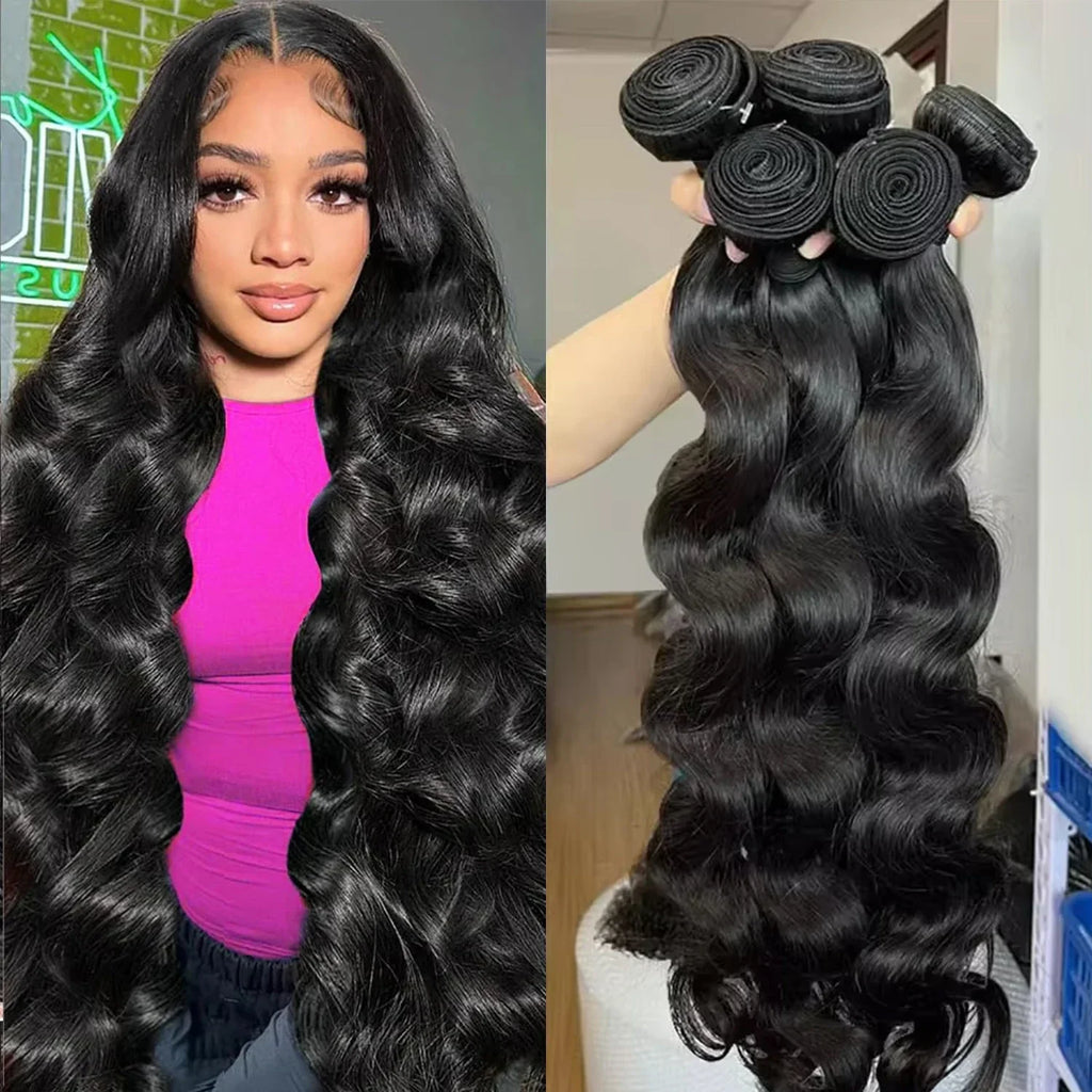 38-40" Loose Body Wave Brazilian Remy Hair Bundles | Water Wave Accents | 1/3/4 PCS Weave Extensions